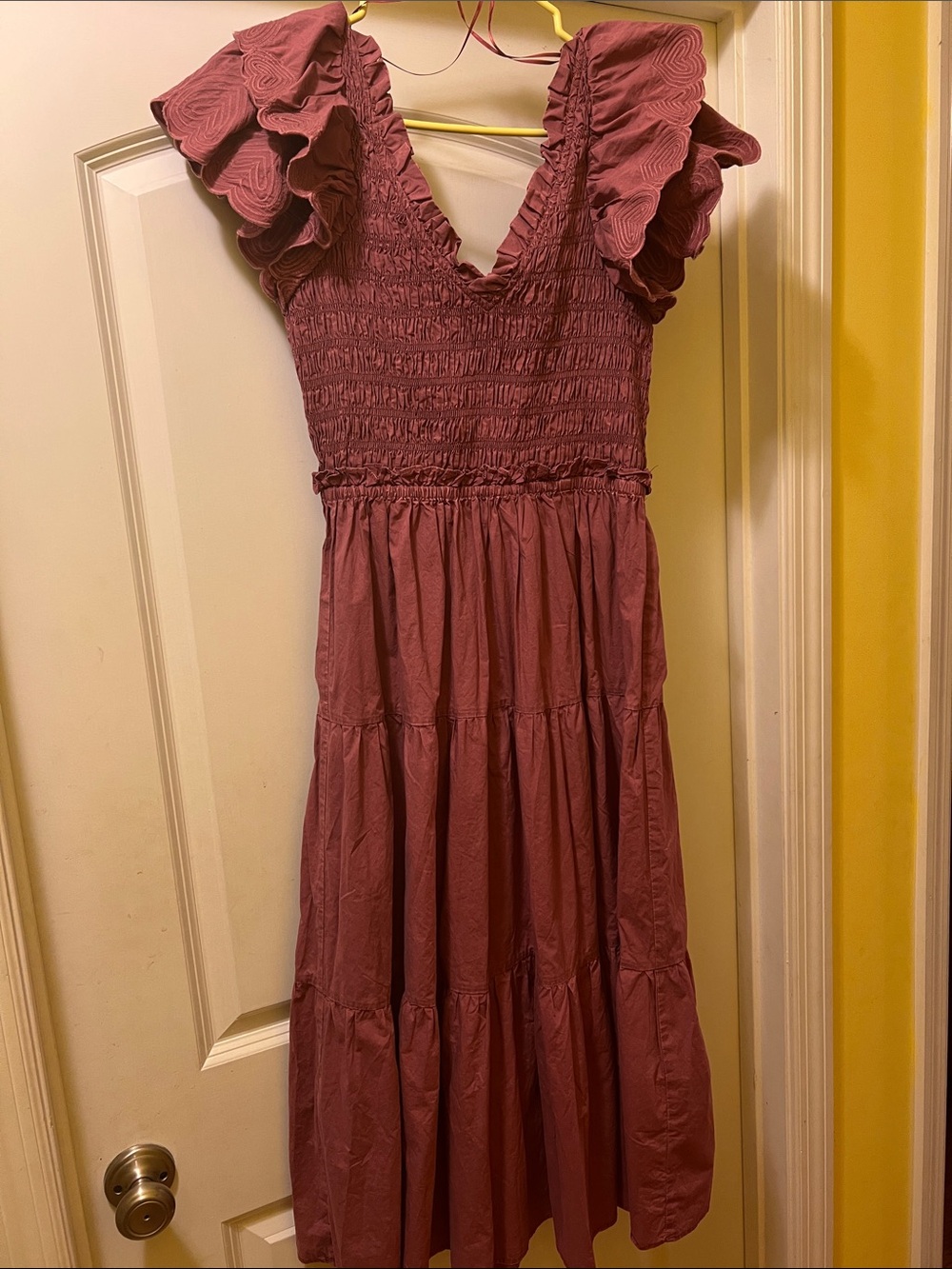 Ruffled V-Neck Smocked Midi Dress in Dusty Rose